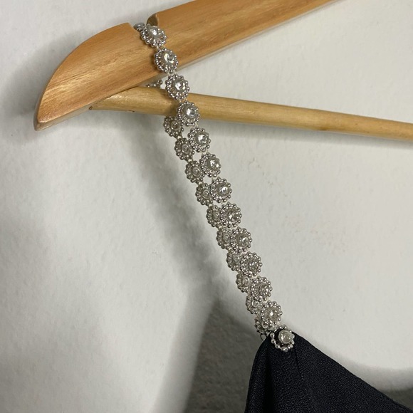 Gunnie Sax Black Tight Midi Dress with Front Leg Slit & Rhinestone Straps 9/10 - Picture 9 of 16